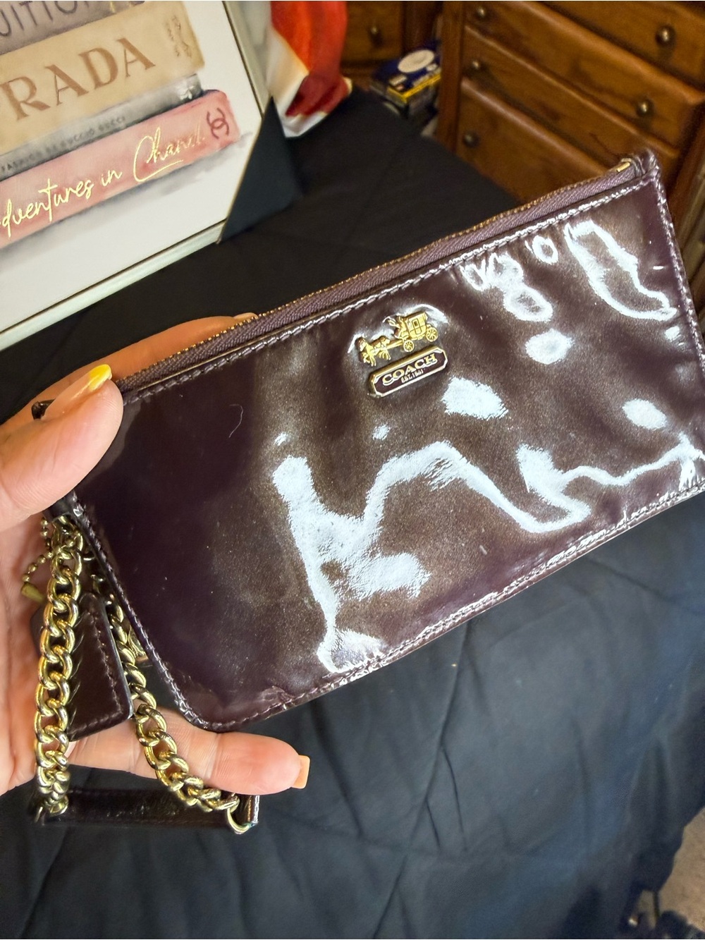 Coach Madison Patent Leather Chain Wristlet / Wallet- Brown